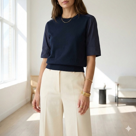 Marni Sweaters - Marni Navy Blue Mixed Media Cotton Poplin Knit Short Sleeve Top - size 2 (IT 38)